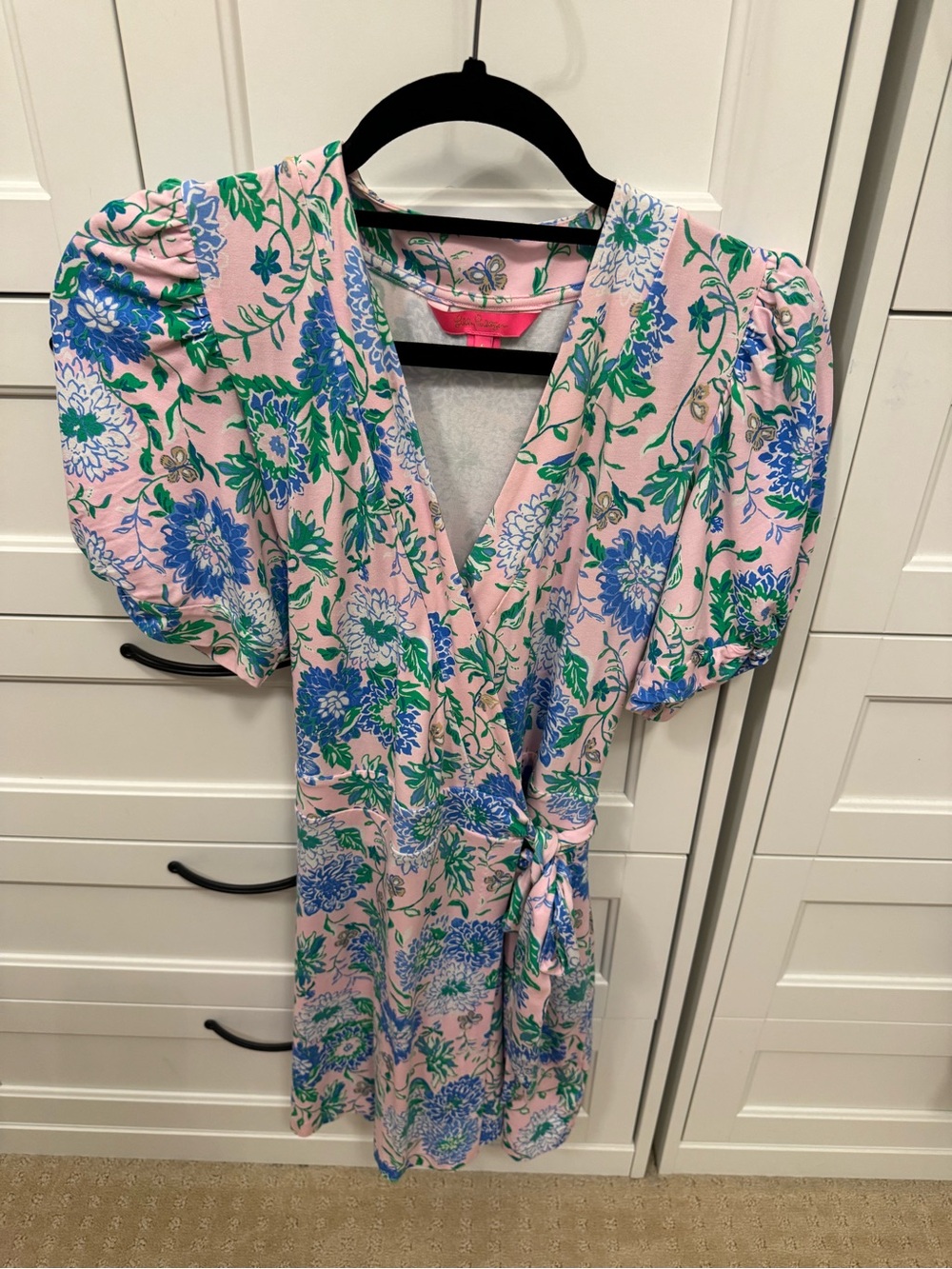 Lilly Pulitzer Pink Floral Wrap Romper with Blue & Green Print-Size small